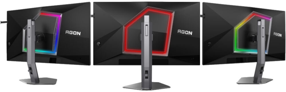 Monitor AOC Agon Pro AG276FK 27 cali 1920x1080 IPS 520Hz 0.3 ms [MPRT] Trzy monitory ustawione obok siebie, kolory podświetlenia RGB z tyłu obudowy, Podświetlenie RGB Light FX na tylnym panelu monitora gamingowego AOC nadanie charakteru