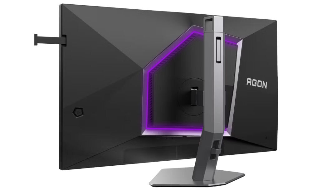Monitor AOC Agon Pro AG276FK 27 cali 1920x1080 IPS 520Hz 0.3 ms [MPRT] Tył monitora z geometryczną obudową i widocznym uchwytem montażowym oraz pionowym ramieniem podstawy, menu OSD, funkcje, ustawienia