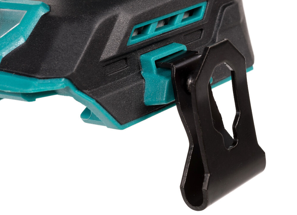 Wiertarko-wkrętarka akumulatorowa NAC CDB-70-BL-I-LI-20V zblizenie na uchwyt do paska ergonomiczna rekojesc antyposlizgowe tworzywo komfortowy uchwyt lekka konstrukcja 1,2 kg metalowy uchwyt do paska wygodne i bezpieczne przenoszenie zawsze pod reka mobilnosc efektywnosc pracy