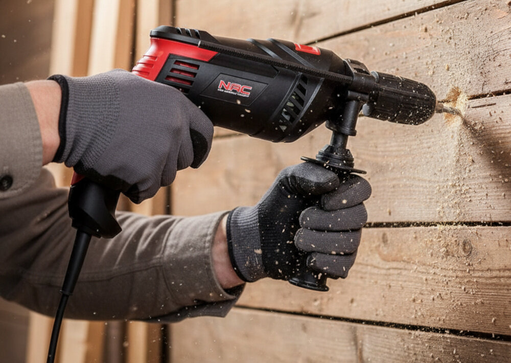 Wiertarka udarowa NAC IDE80-B-PT drewniana ściana osoba wierci otwór w ścianie budowa wszechstronne wiercenie regulowana prędkość wygoda