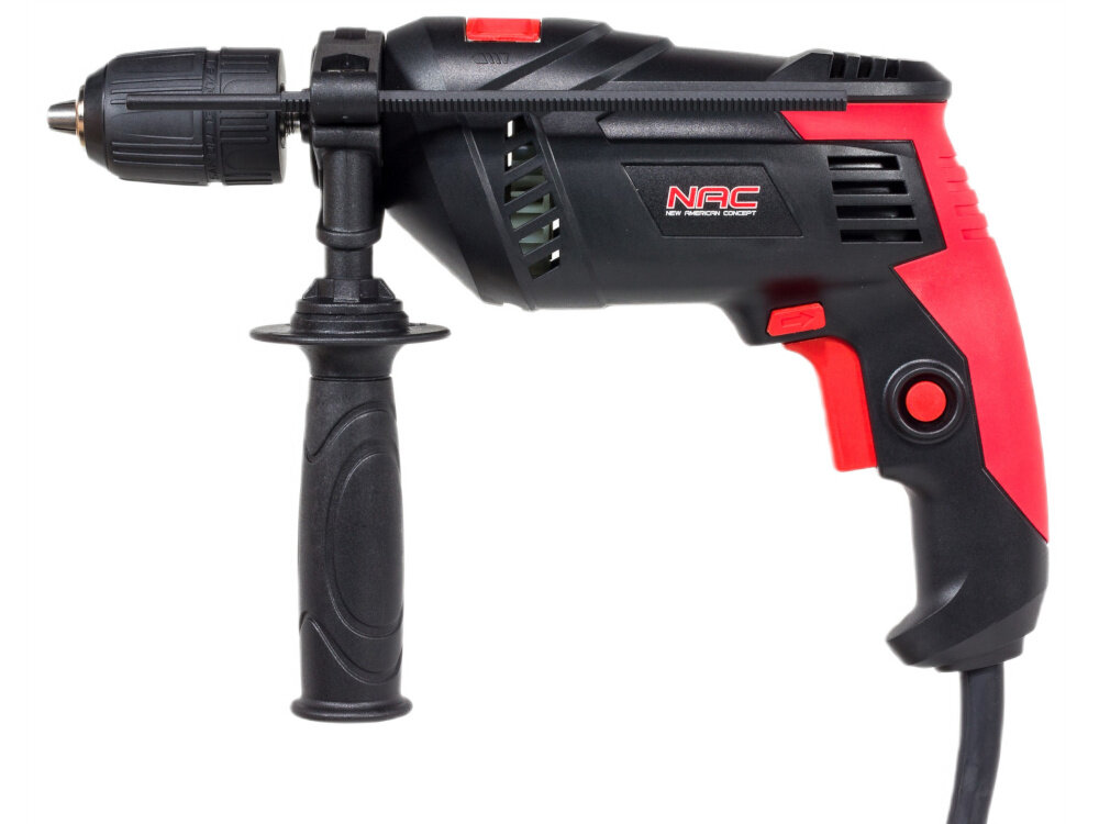 Wiertarka udarowa NAC IDE80-B-PT wiertarka na białym tle widoczna z boku silnik elektryczny o mocy 800 W wykonywania otworów w drewnie metalu ceramice tworzywach sztucznych funkcja udaru wiercenie w betonie duża elastyczność szybkie i skuteczne działania