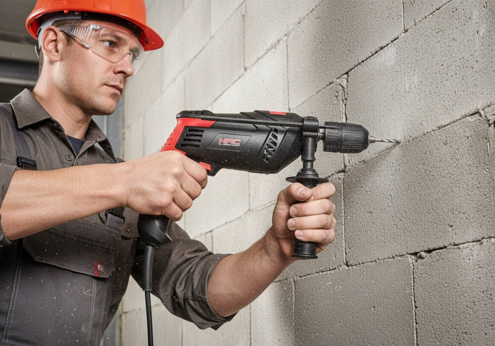Wiertarka udarowa NAC IDE80-B-PT betonowa ściana osoba wierci otwór w ścianie częstotliwość udaru do 48000 uderzeń na minutę sprawne wiercenie w twardszych materiałach udar działa precyzyjnie efektywność