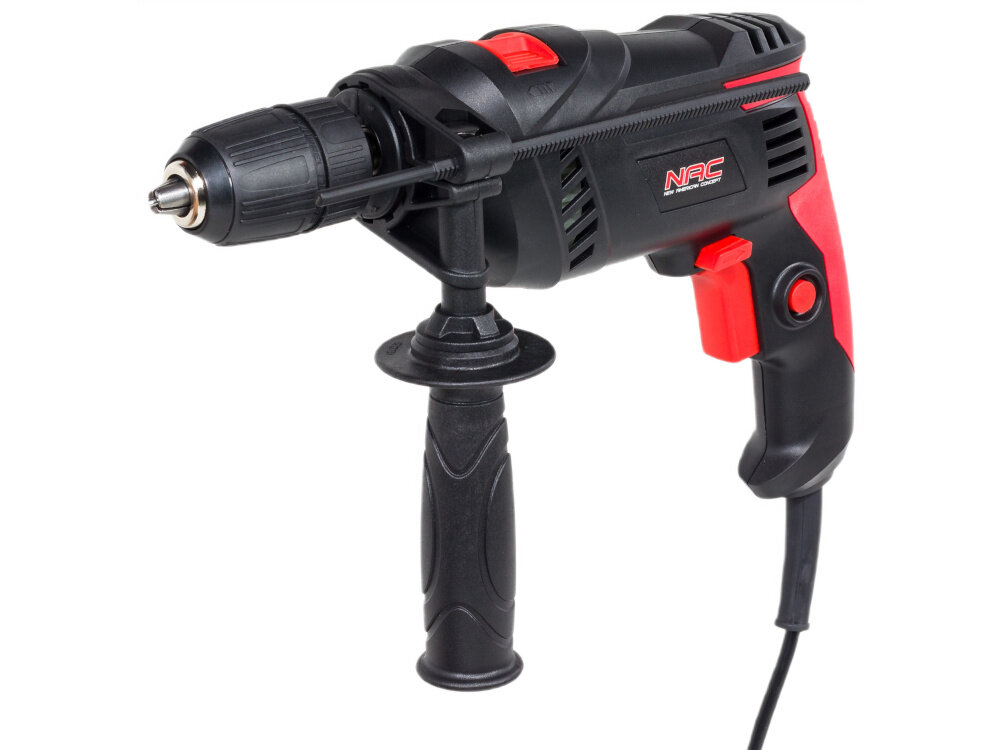 Wiertarka udarowa NAC IDE80-B-PT wiertarka na białym tle widoczna od przodu pod skosem ogranicznik głębokości wiercenia powtarzalne rezultaty unika przypadkowego wiercenia zbyt głęboko dokładne wykonywanie otworów skraca czas korekt ułatwia realizację projektów zgodnie z założeniami 2-metrowy przewód swobodne manewrowanie