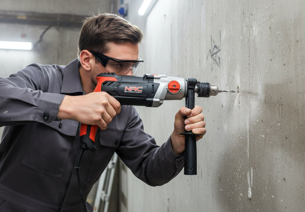 Wiertarka udarowa NAC ID-1200-2-GN pomieszczenie plac budowy osoba wierci otwór w betonowej ścianie częstotliwość udaru do 48000 uderzeń na minutę sprawne wiercenie w twardszych materiałach udar działa precyzyjnie efektywność