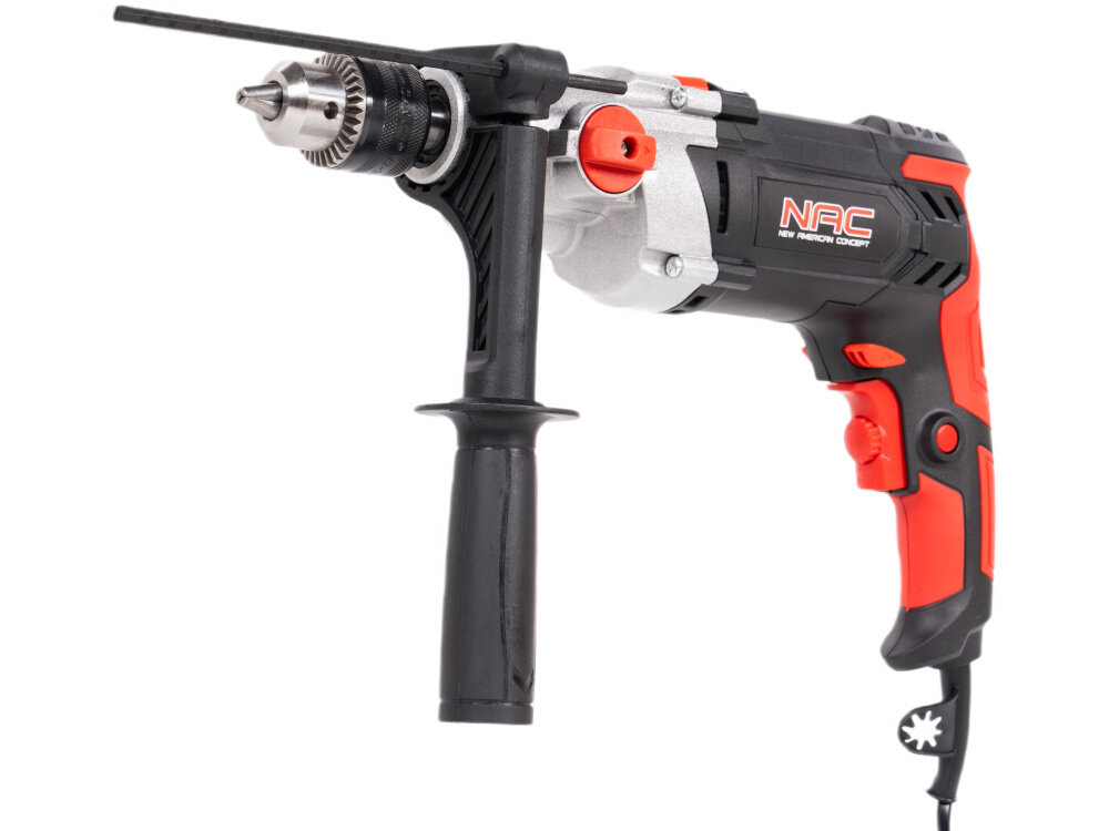 Wiertarka udarowa NAC ID-1200-2-GN wiertarka na białym tle widoczna od przodu pod skosem ogranicznik głębokości powtarzalne rezultaty użytkownik unika przypadkowego wiercenia zbyt głęboko chroni materiał precyzja wykonywanych otworów 2-metrowy przewód umożliwia swobodne manewrowanie wiertarką