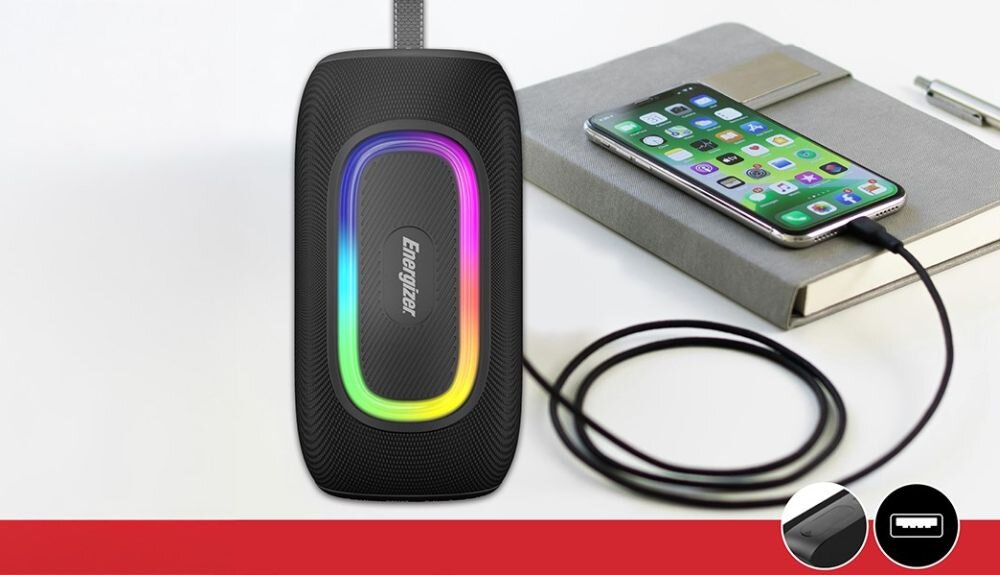 Głośnik mobilny ENERGIZER BTS163 - bateria pojemnosc, ladowanie czas pracy, ladowanie, glosnik na czerwono-czarnym tle