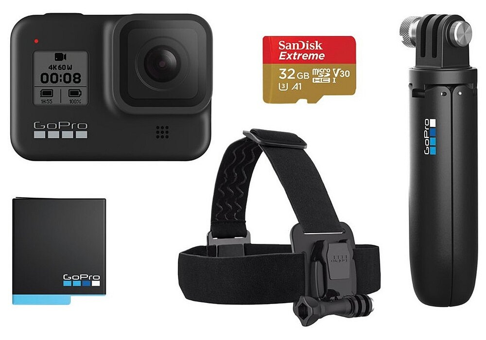 Kamera sportowa GOPRO HERO8 Black zestaw akcesoria wyposażenie dodatki montaż karta SD