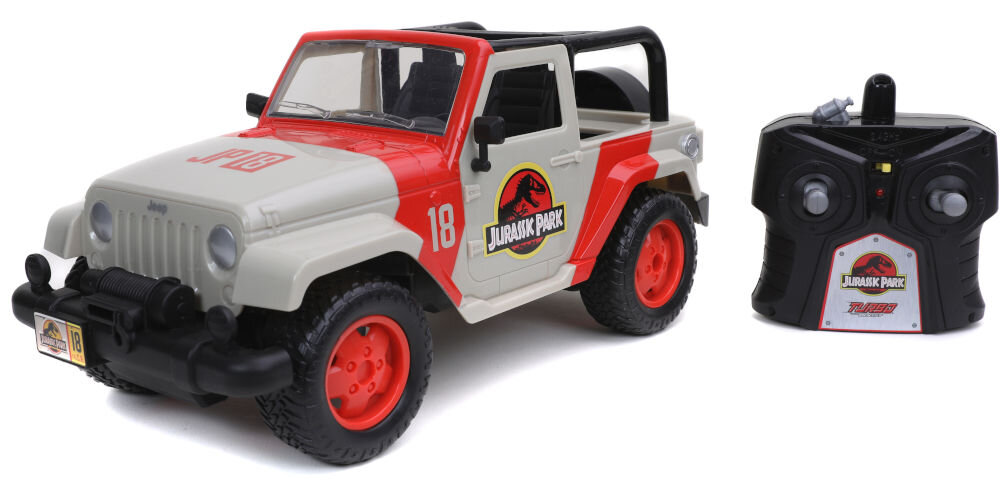 Samochód zdalnie sterowany JADA TOYS Jurassic Park Jeep Wrangler 253256000 licencjonowany inspirowany filmem park jurajski zdalnie sterowany skala 1:16 realistyczny wygląd długość 25 cm miejsce dla figurek do 29 cm
