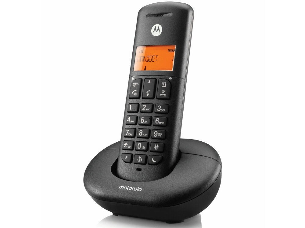 Czarny telefon bezprzewodowy z wyświetlaczem LCD, na którym widoczny jest tekst \'CONTACT MODULE\'. Telefon posiada klawiaturę numeryczną i logo Motorola na górze.
