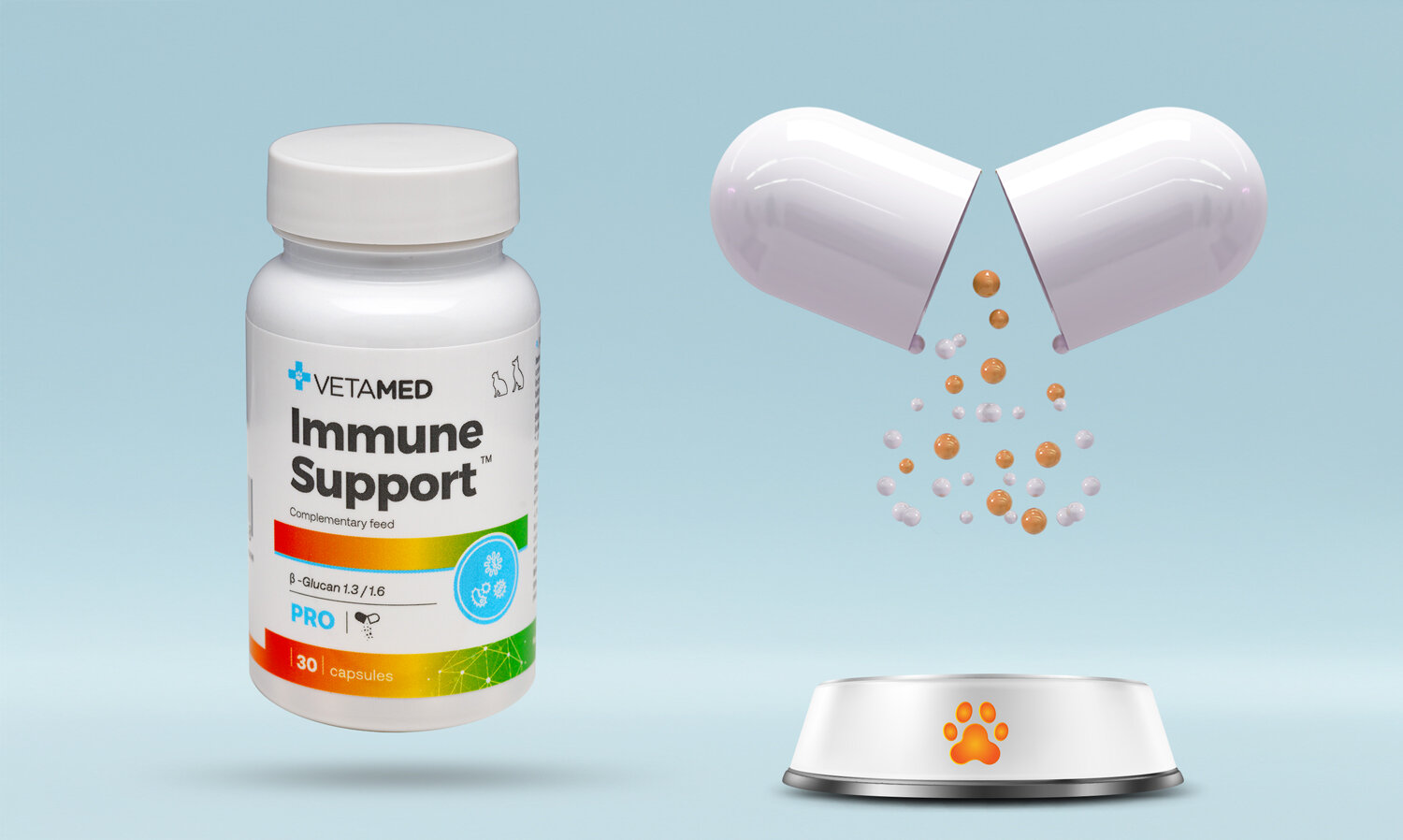 Suplement dla psa i kota VETAMED Immune Support (30 kapsułek na Odporność) w białym pojemniku po lewej stronie oraz otwarta kapsułka uwalniająca fioletowe i białe cząsteczki do miski z symbolem łapki po prawej stronie, na jasnoniebieskim tle