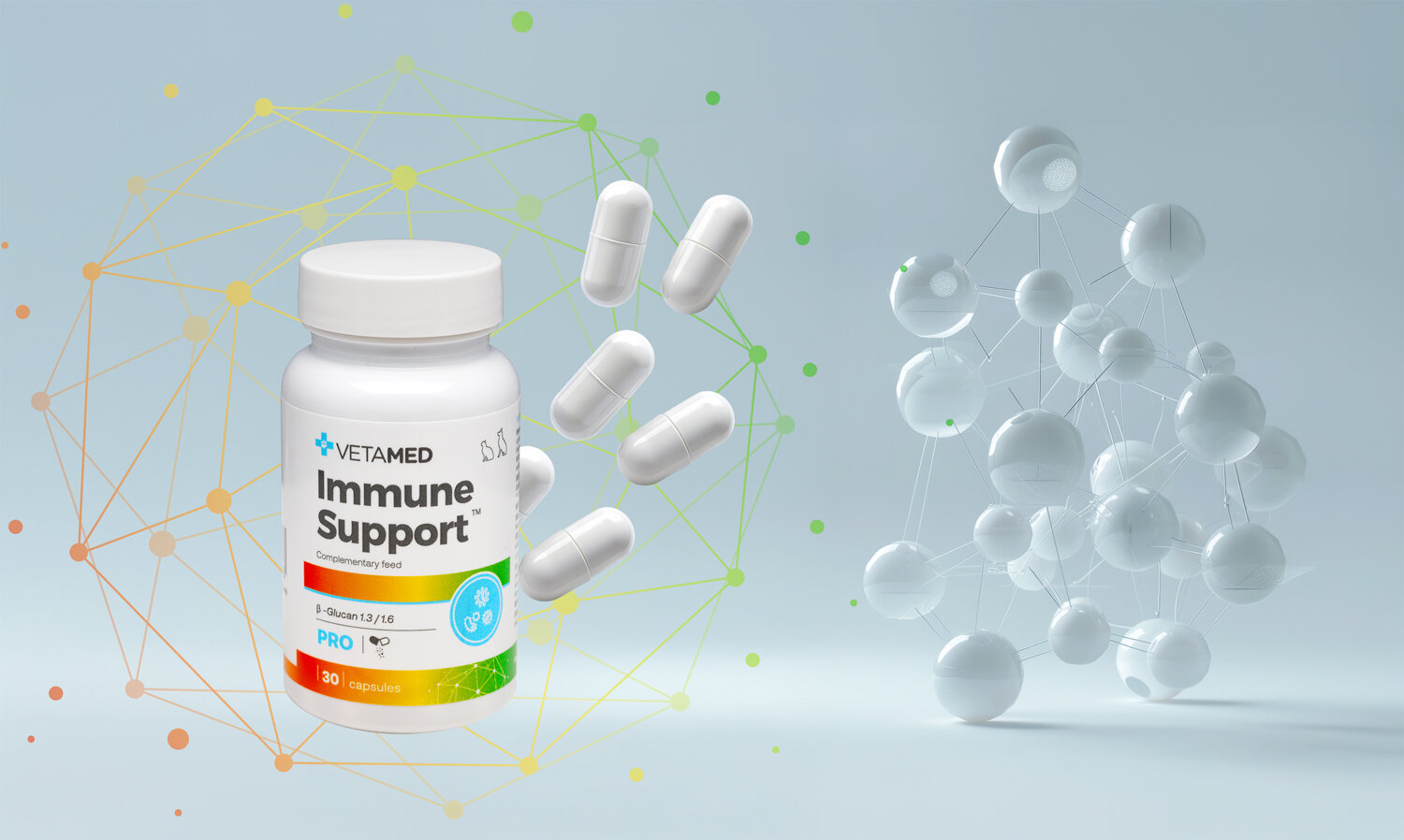 Suplement dla psa i kota VETAMED Immune Support (30 kapsułek na Odporność) w białym pojemniku otoczony kapsułkami, z molekularnymi grafikami w tle na jasnoniebieskim tle