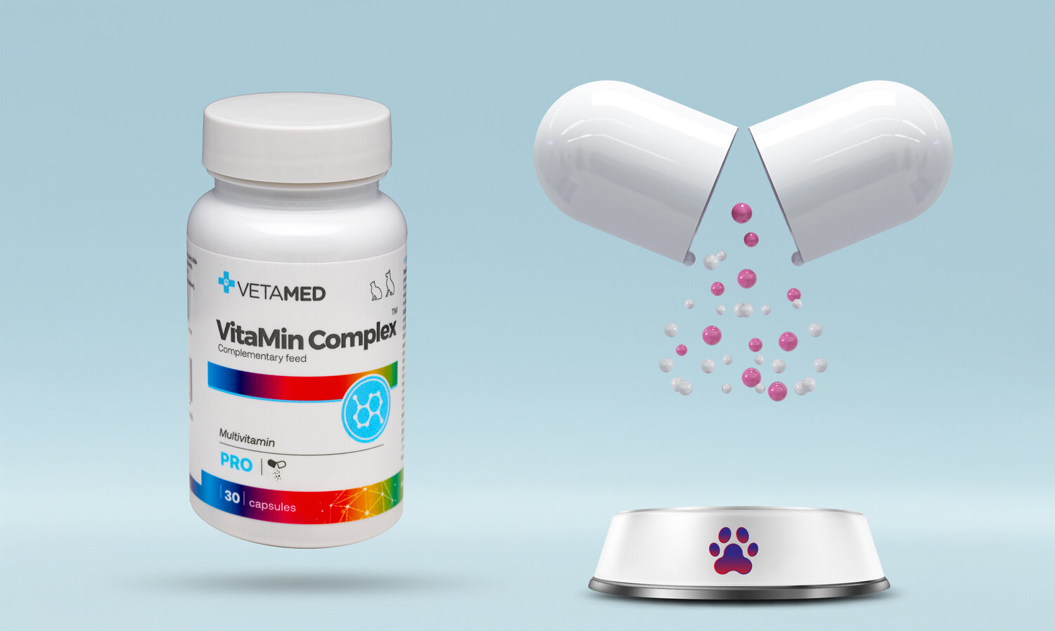 Suplement dla psa i kota VETAMED VitaMin Complex (30 kapsułek) w białym pojemniku po lewej stronie oraz otwarta kapsułka uwalniająca fioletowe i białe cząsteczki do miski z symbolem łapki po prawej stronie, na jasnoniebieskim tle