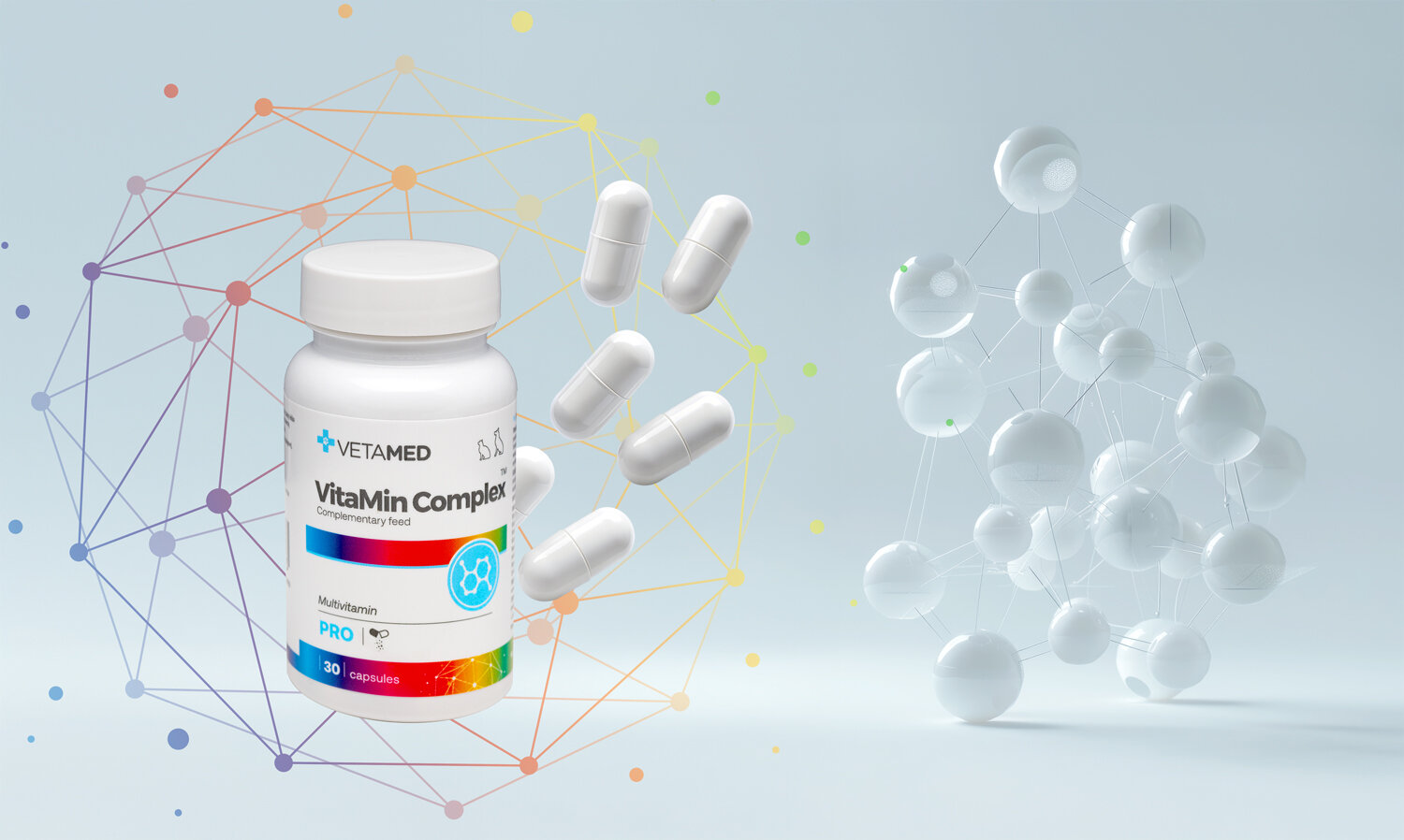 Suplement dla psa i kota VETAMED VitaMin Complex (30 kapsułek) w białym pojemniku otoczony kapsułkami, z molekularnymi grafikami w tle na jasnoniebieskim tle