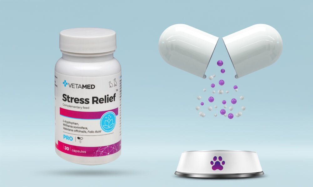 Suplement dla psa i kota VETAMED Stress Relief (30 kapsułek) w białym pojemniku po lewej stronie oraz otwarta kapsułka uwalniająca fioletowe i białe cząsteczki do miski z symbolem łapki po prawej stronie, na jasnoniebieskim tle