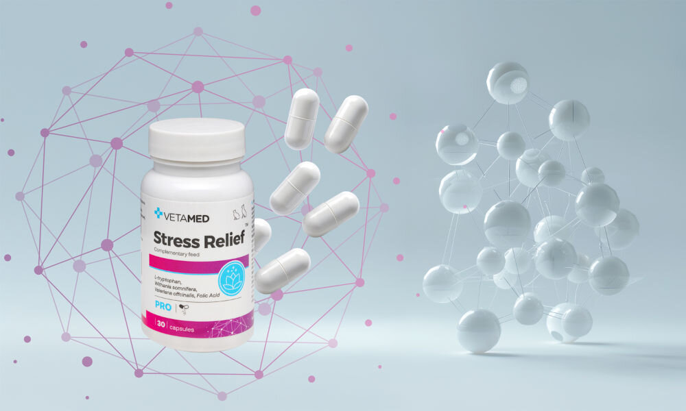 Suplement dla psa i kota VETAMED Stress Relief (30 kapsułek) w białym pojemniku otoczony kapsułkami, z molekularnymi grafikami w tle na jasnoniebieskim tle