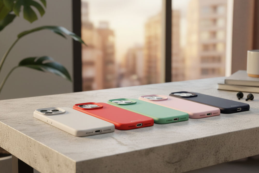 Etui MERCURY Silicone trzech cienkich warstw silikonu odpornego na blaknięcie mikrofibry PU elastycznej warstwy PP zabezpieczając ją przed kurzem, piaskiem i codziennym zużyciem - etui założone na telefon na leżąco w różnych kolorach na blacie