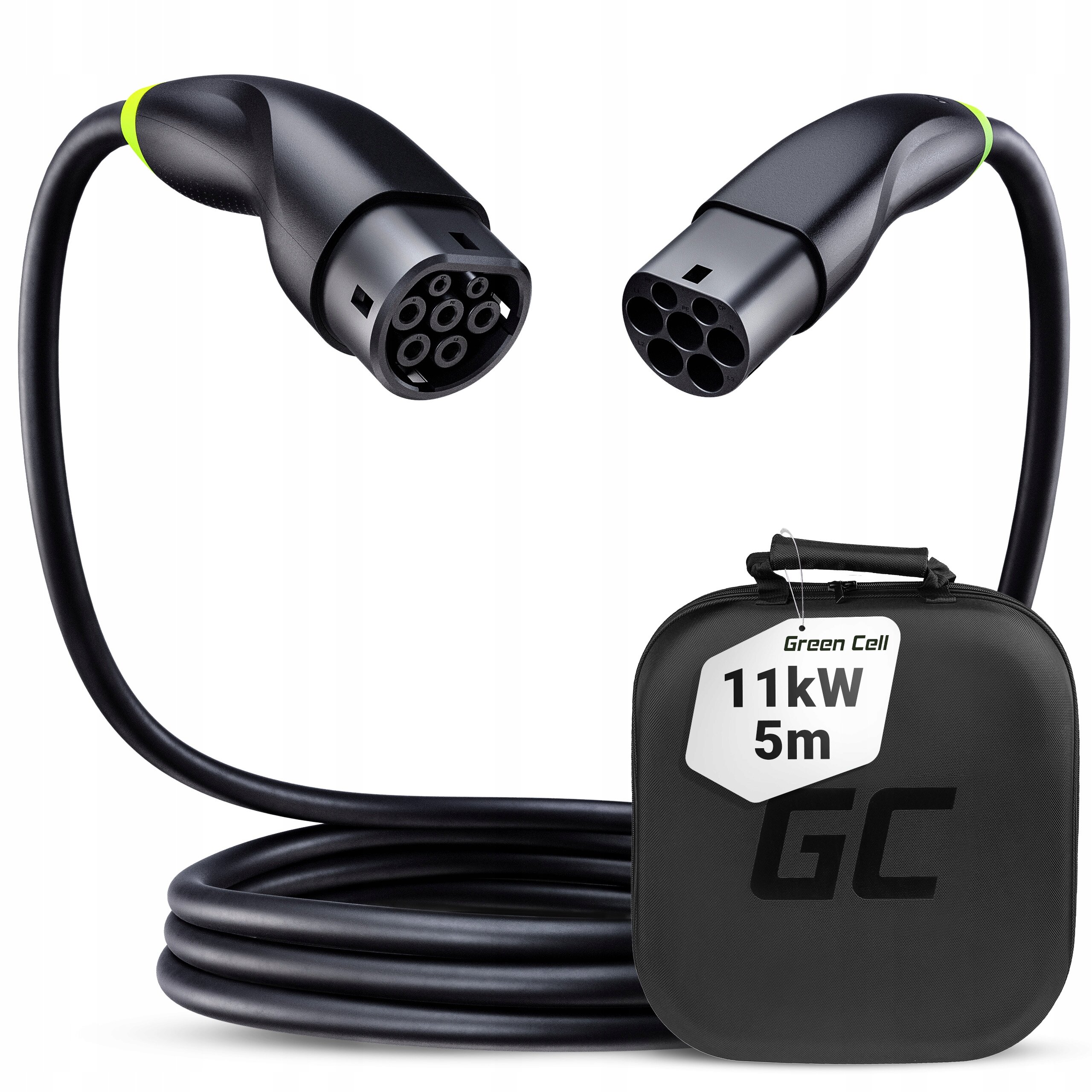 Na obrazie widoczny jest czarny kabel do ładowania z dwoma wtyczkami oraz czarne etui z napisem \'Green Cell 11kW 5m\' i logo \'GC\'.
