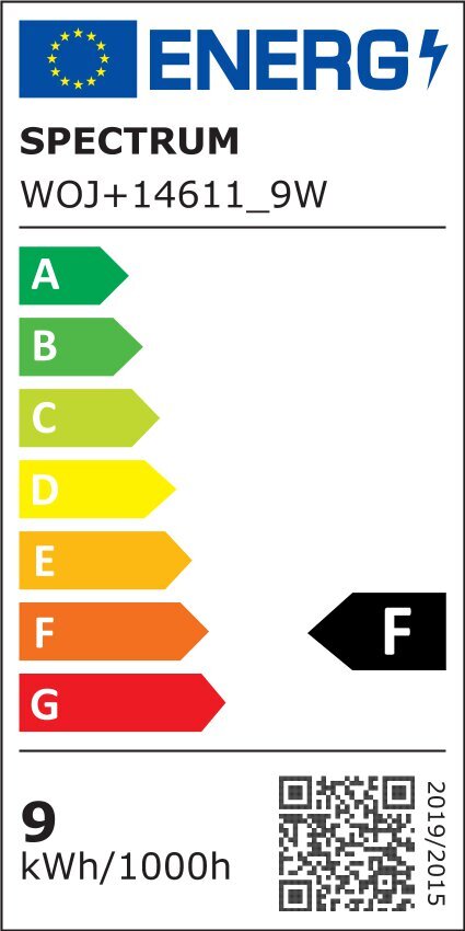 Etykieta energetyczna z logo UE i napisem \'ENERG\'. Produkt: SPECTRUM WOJ+14611_9W, klasa energetyczna F, zużycie 9 kWh/1000h.