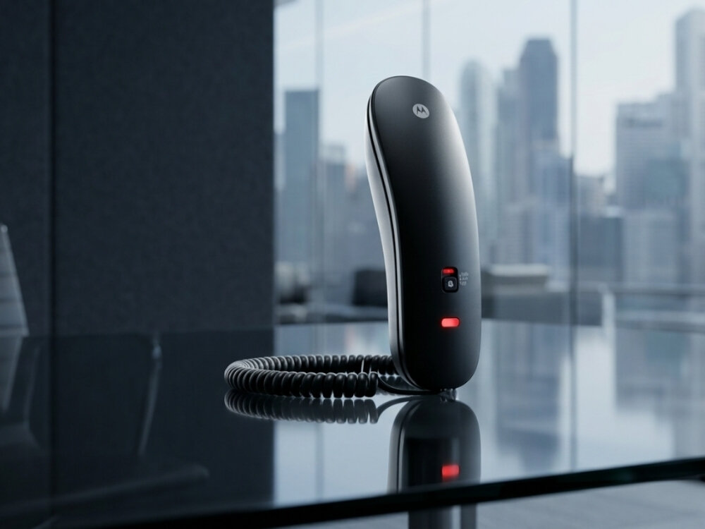 Telefon Motorola CT50, czarny telefon przewodowy stojący na biurku, elegancka obudowa, klasyczna komunikacja stacjonarna