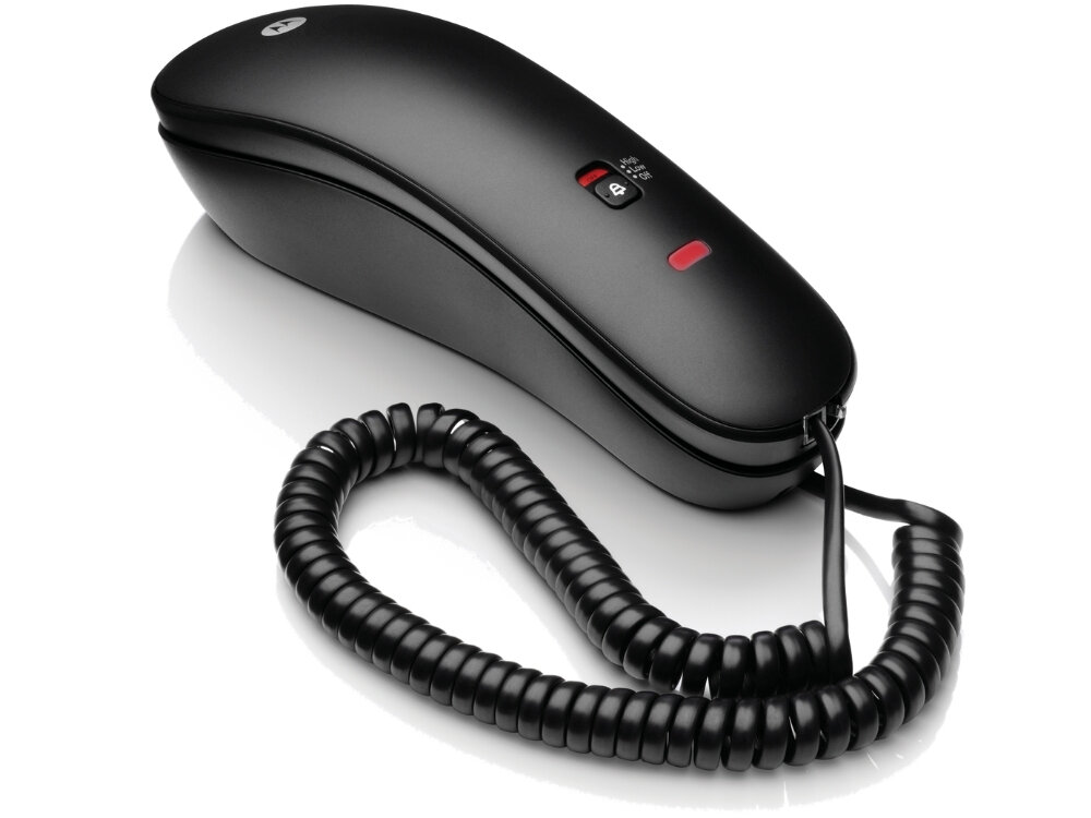 Telefon Motorola CT50 z czarną słuchawką i spiralnym przewodem, pamięć szybkiego wybierania, funkcja ponownego wybierania numeru