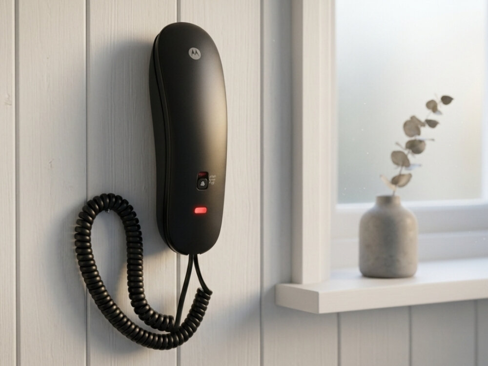 Telefon Motorola CT50 zamontowany na ścianie, czarna obudowa, spiralny przewód, funkcja wyciszenia, regulacja dzwonka