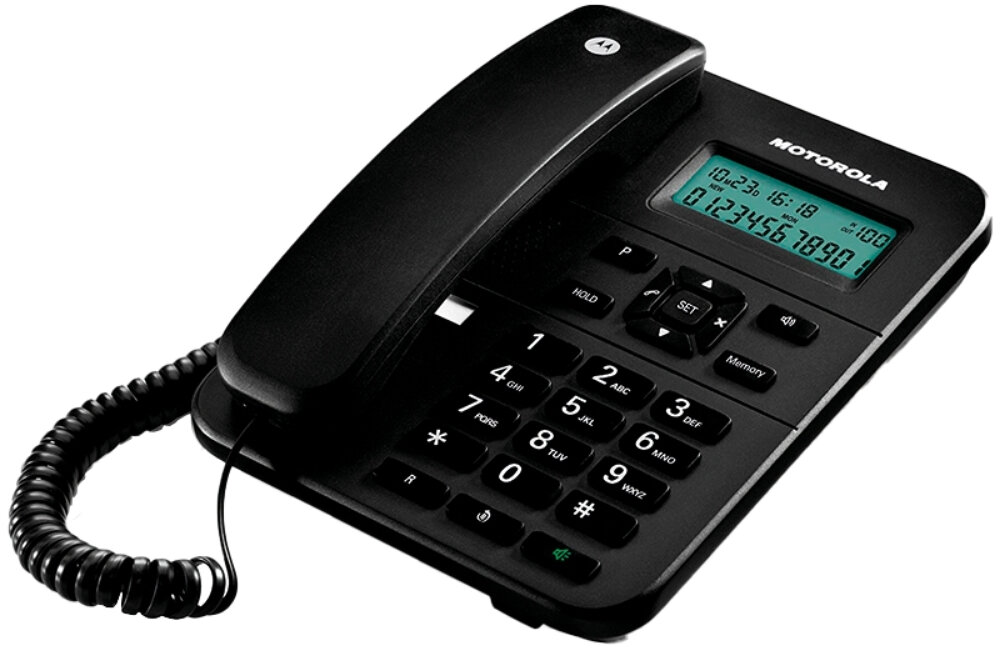 Czarny telefon stacjonarny z wyświetlaczem pokazującym datę, godzinę i numer telefonu. Na obudowie widoczne jest logo MOTOROLA.