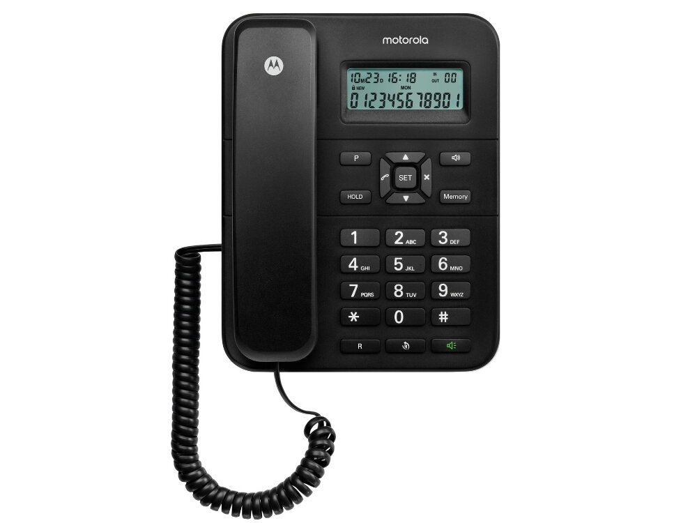 Czarny telefon stacjonarny z wyświetlaczem LCD pokazującym datę, godzinę i numer telefonu. Na obudowie widoczne są przyciski numeryczne oraz logo \'motorola\'.