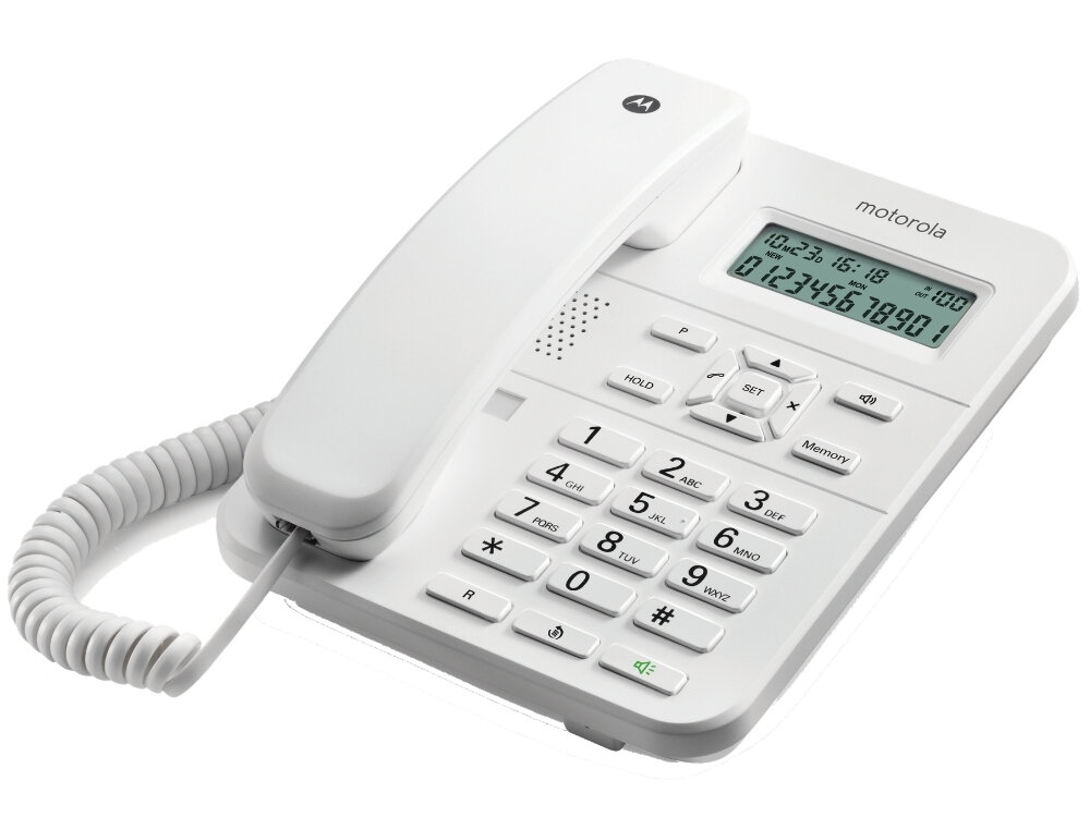 Biały telefon stacjonarny z wyświetlaczem LCD, na którym widoczny jest tekst: \'10-23 16:18 012345678901\'. Na obudowie znajduje się logo \'motorola\'.