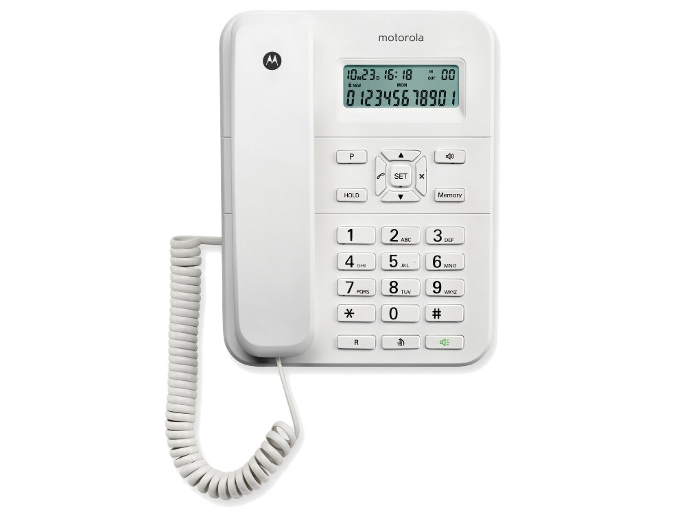 Biały telefon stacjonarny z wyświetlaczem LCD pokazującym datę, godzinę i numer telefonu. Na obudowie widoczne są przyciski numeryczne oraz logo Motorola.