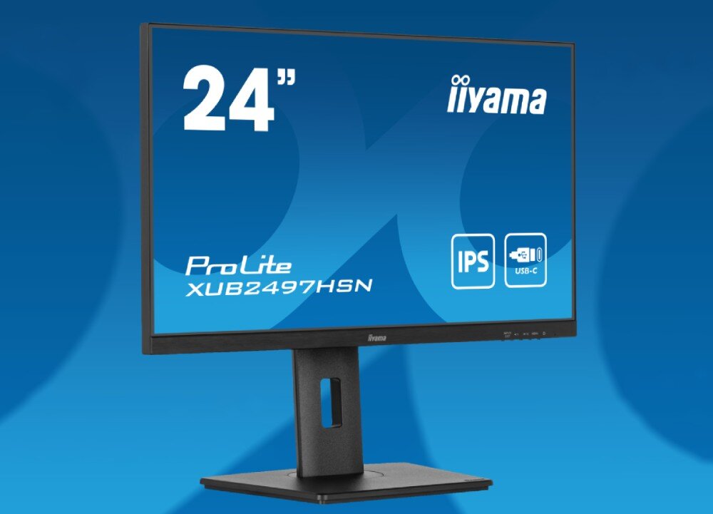 Monitor IIYAMA ProLite XUB2497HSN-B2 23.8 1920x1080px IPS 100Hz 1 ms [MPRT] przód monitora z nazwą modelu na niebieskim tle opis