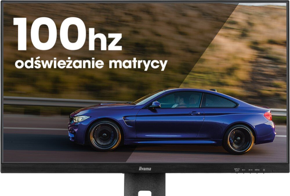 Monitor IIYAMA ProLite XUB2497HSN-B2 23.8 1920x1080px IPS 100Hz 1 ms [MPRT] obraz na ekranie przedstawiający samochód sportowy z napisem o częstotliwości odświeżania odświeżanie synchronizacja czas reakcji płynność