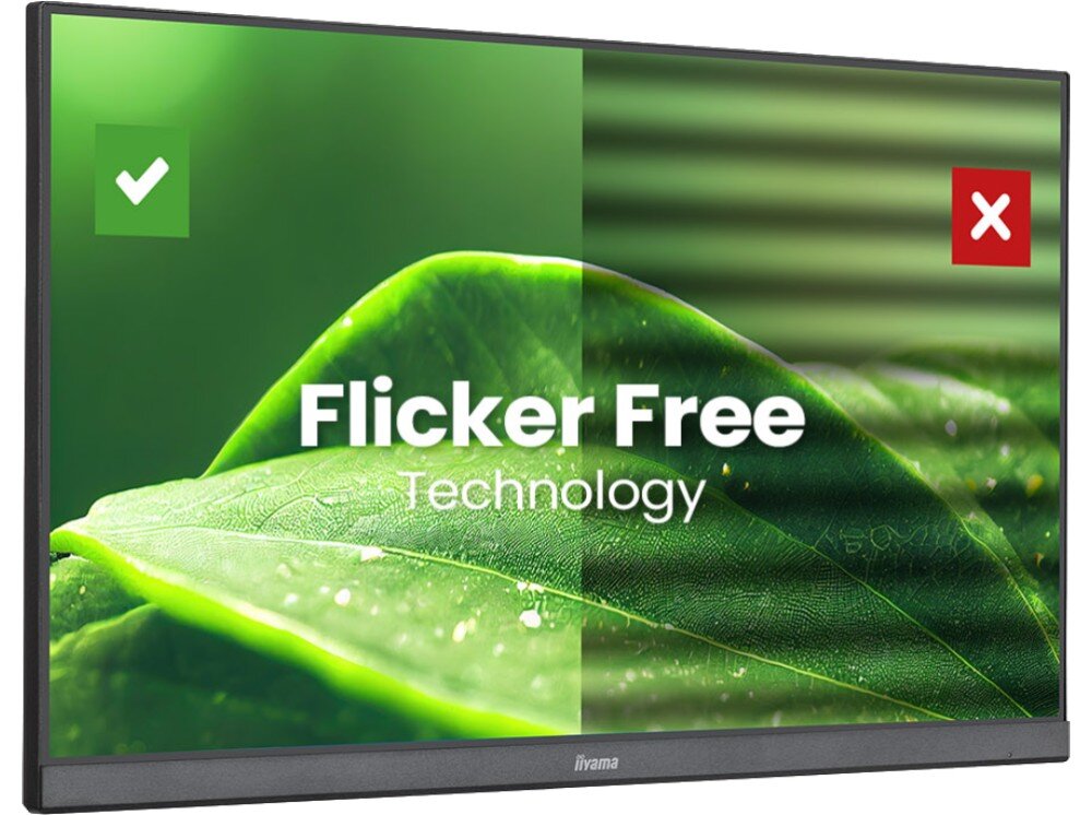 Monitor IIYAMA ProLite XUB2497HSN-B2 23.8 1920x1080px IPS 100Hz 1 ms [MPRT] grafika z liśćmi prezentująca działanie funkcji Flicker Free wzrok ochrona migotanie Flicker-Free niebieskie światło