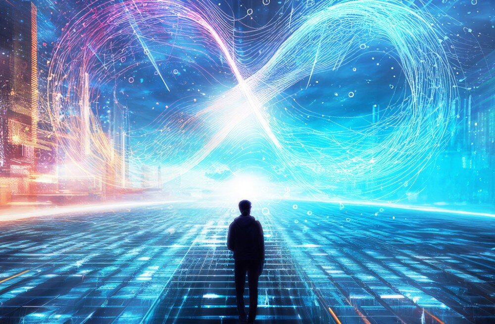 Płyta główna GIGABYTE Z890M Gaming X Wielobarwny świetlisty znak nieskończoności utworzony z cyfrowych linii na ciemnym tle