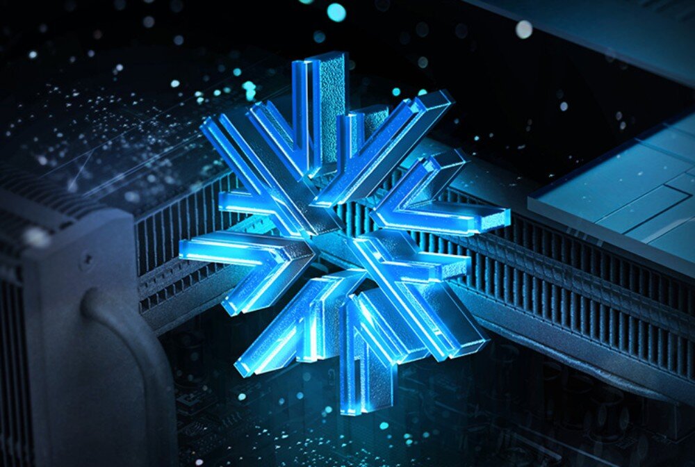 Płyta główna GIGABYTE Z890M Gaming X Niebieski metaliczny obiekt o geometrycznym kształcie przypominający płatek śniegu lub element chłodzący