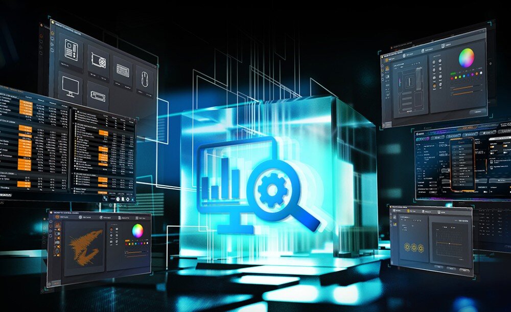 Płyta główna GIGABYTE Z890 Gaming X WiFi7 Kompozycja przedstawiająca wiele okien z oprogramowaniem do monitorowania i konfiguracji sprzętu na tle trójwymiarowej niebieskiej ikony zębatki i ekranu, konfiguracja, BIOS, oprogramowanie