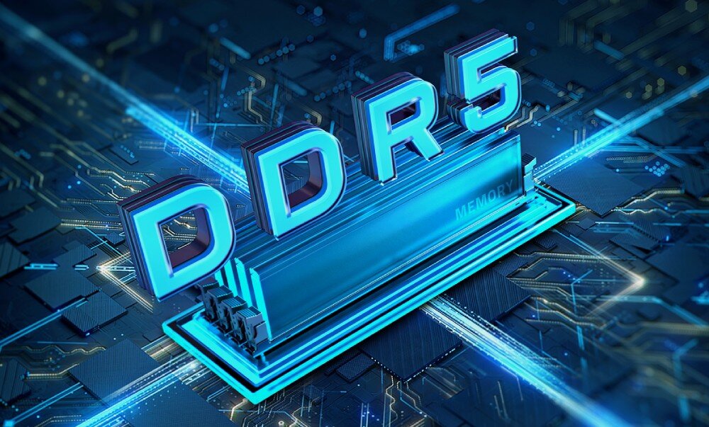 Płyta główna GIGABYTE Z890 Gaming X WiFi7 Grafika 3D ukazująca moduł pamięci DDR5 w błękitnych barwach z dużym napisem 'DDR5 MEMORY' na tle schematu układu elektronicznego, pamięć RAM, podkręcenie