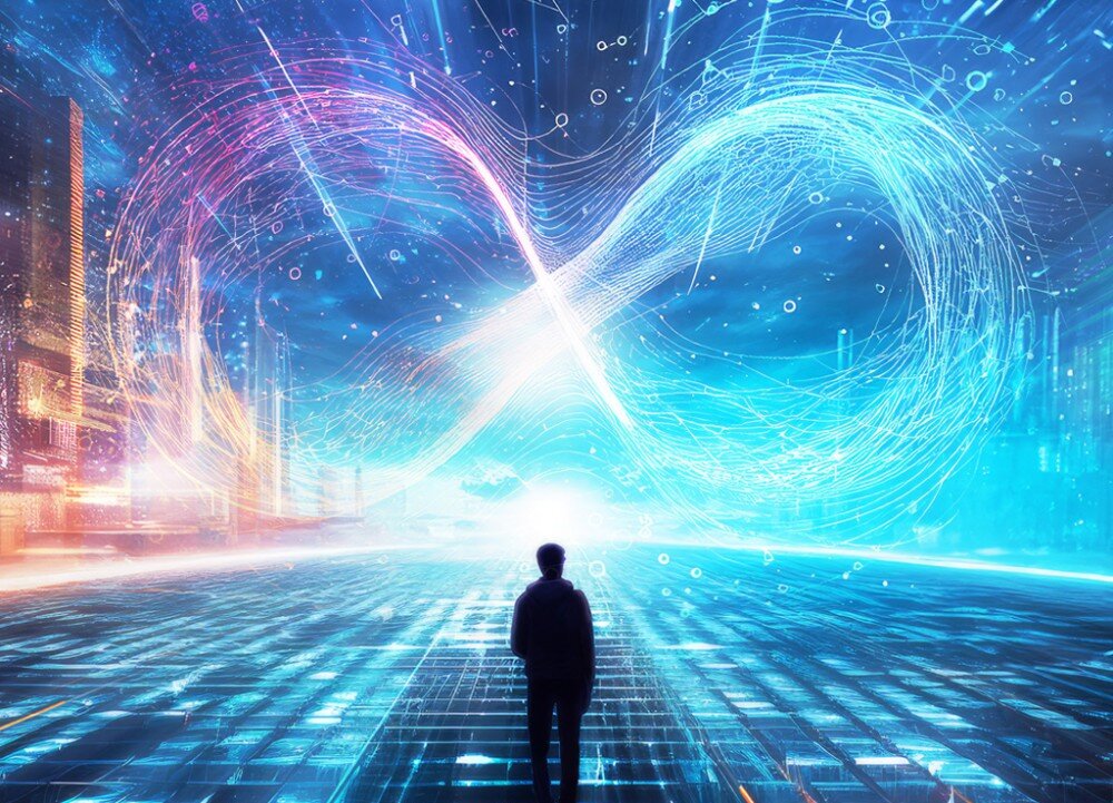 Płyta główna GIGABYTE Z890 Gaming X WiFi7 Ilustracja przedstawiająca sylwetkę człowieka stojącego na futurystycznej drodze z błękitno-różową symboliką nieskończoności nad głową, sztuczna inteligencja