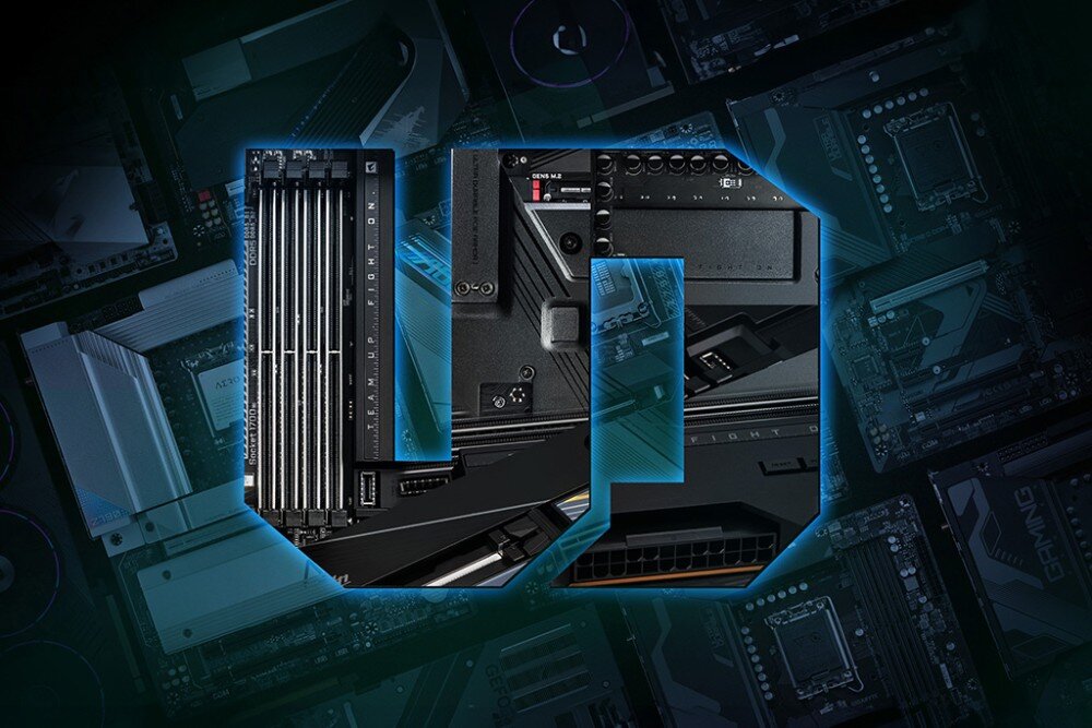 Płyta główna GIGABYTE Z890 Gaming X WiFi7 Grafika z dużymi literami 'UD' złożonymi ze zdjęć fragmentów płyty głównej i innych podzespołów elektronicznych, komponenty, wytrzymałość