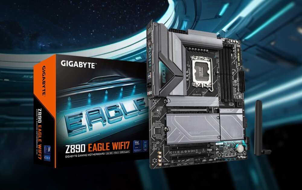 Płyta główna GIGABYTE Z890 Eagle WiFi7 Na pierwszym obrazie widać płytę główną ustawioną obok pudełka z oznaczeniem 'Z890 Eagle WiFi7' na tle futurystycznego wnętrza oświetlonego niebieskim światłem, opis