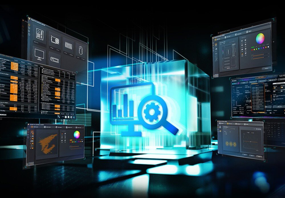 Płyta główna GIGABYTE Z890 Eagle WiFi7 Ilustracja przedstawiająca interfejsy programowe i wykresy rozmieszczone w przestrzeni 3D z ikoną monitora i koła zębatego na środku, BIOS, interfejs, narzędzia