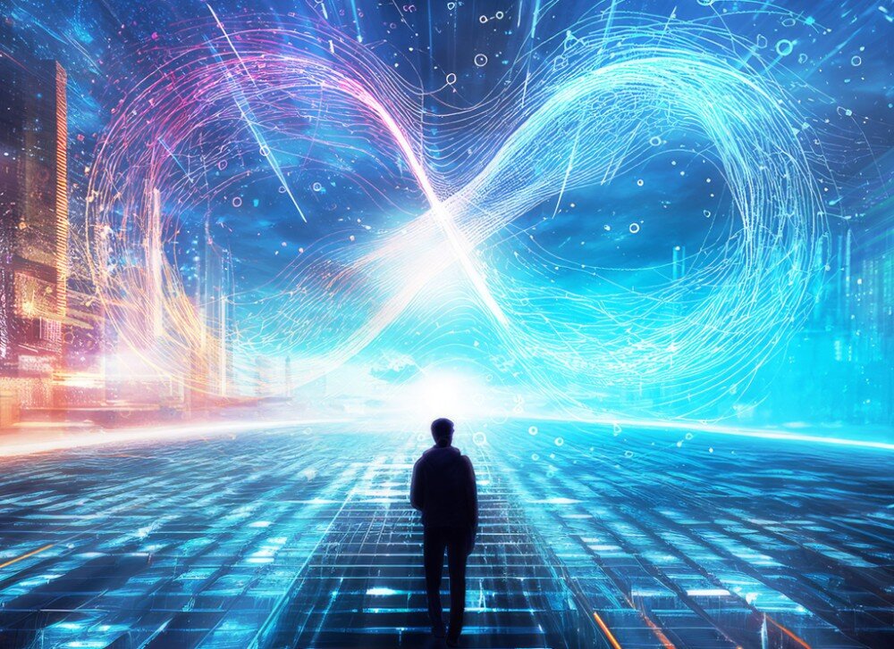 Płyta główna GIGABYTE Z890 Eagle WiFi7 Grafika przedstawiająca sylwetkę człowieka stojącego na tle świetlistego symbolu nieskończoności w futurystycznym krajobrazie cyfrowym, sztuczna inteligencja, funkcje