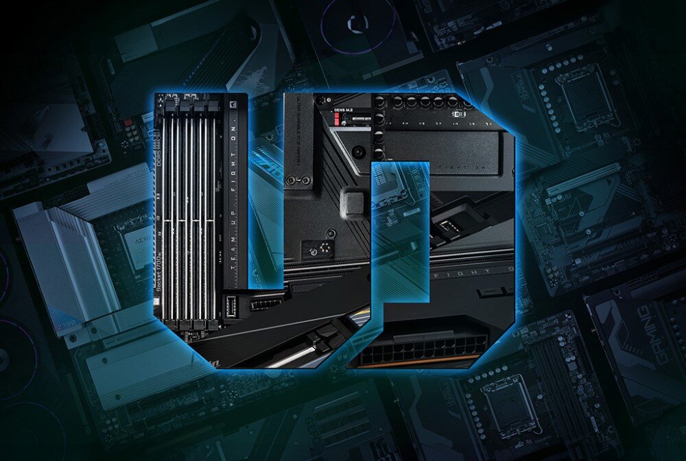 Płyta główna GIGABYTE Z890I Aorus Ultra Grafika przedstawiająca duże litery 'UD' wypełnione fragmentami zdjęć podzespołów komputerowych, na tle ciemnego kolażu płyt głównych, wytrzymałość, wzmocnione złącza