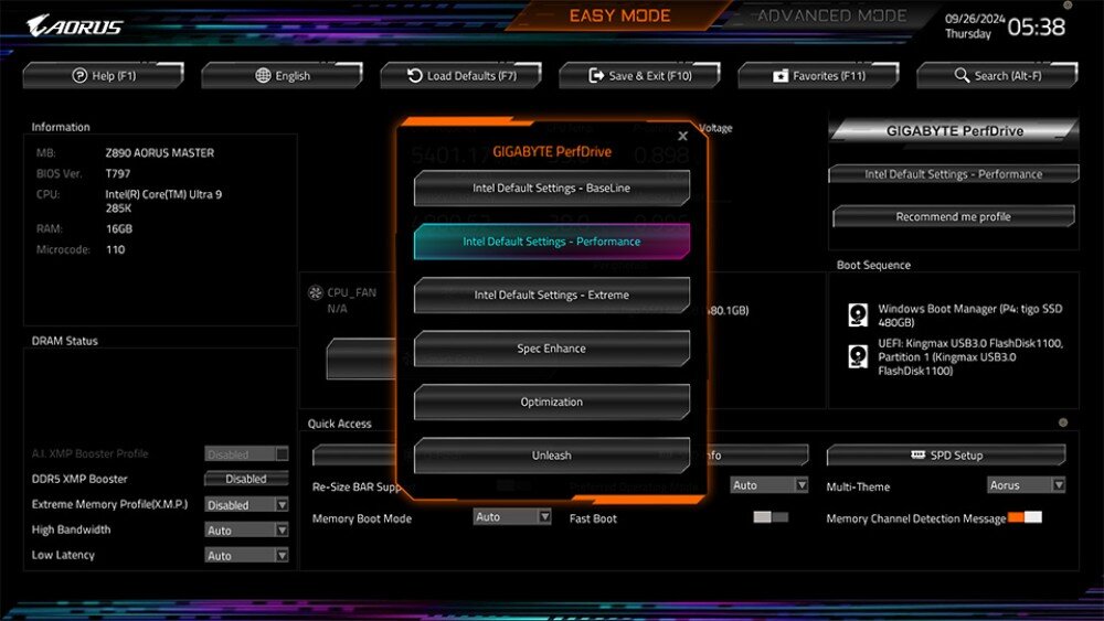 Płyta główna GIGABYTE Z890I Aorus Ultra Zrzut ekranu z trybu 'Easy Mode' w BIOS płyty głównej z otwartym menu 'GIGABYTE PerfDrive', pokazującym opcje ustawień z widocznymi informacjami o modelu płyty, procesorze, pamięci RAM oraz kolejności bootowania