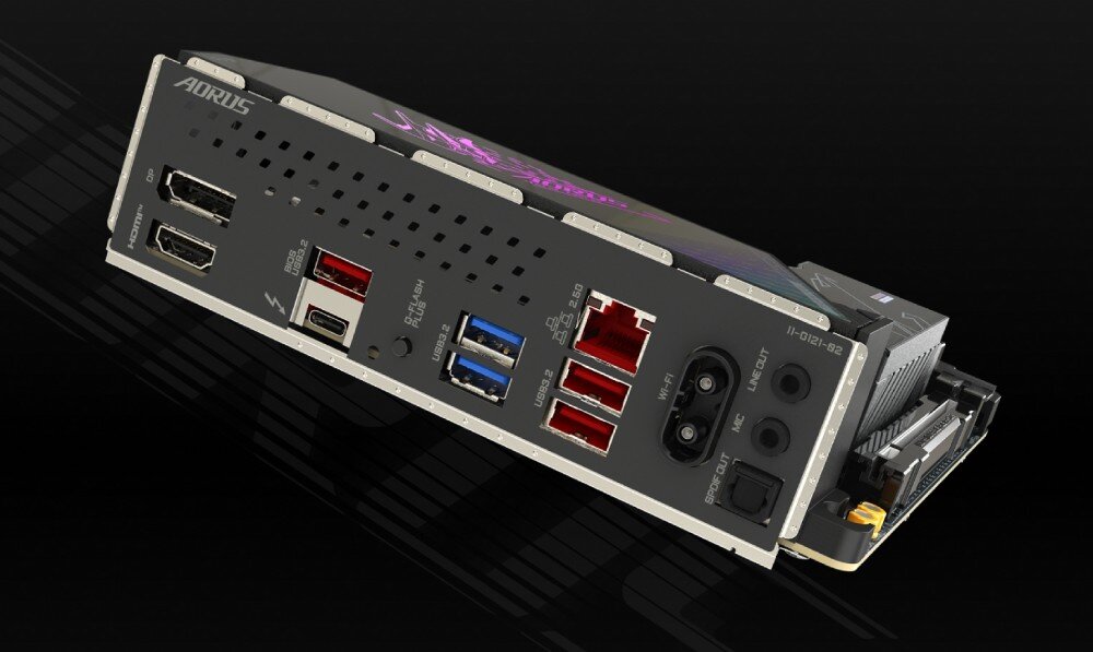 Płyta główna GIGABYTE Z890I Aorus Ultra Panel tylnych portów płyty głównej z gniazdami HDMI, DisplayPort, USB, Thunderbolt, LAN, audio oraz złączem anten Wi-Fi, w czarno-srebrnej obudowie z podświetlanym logotypem, porty, złącza