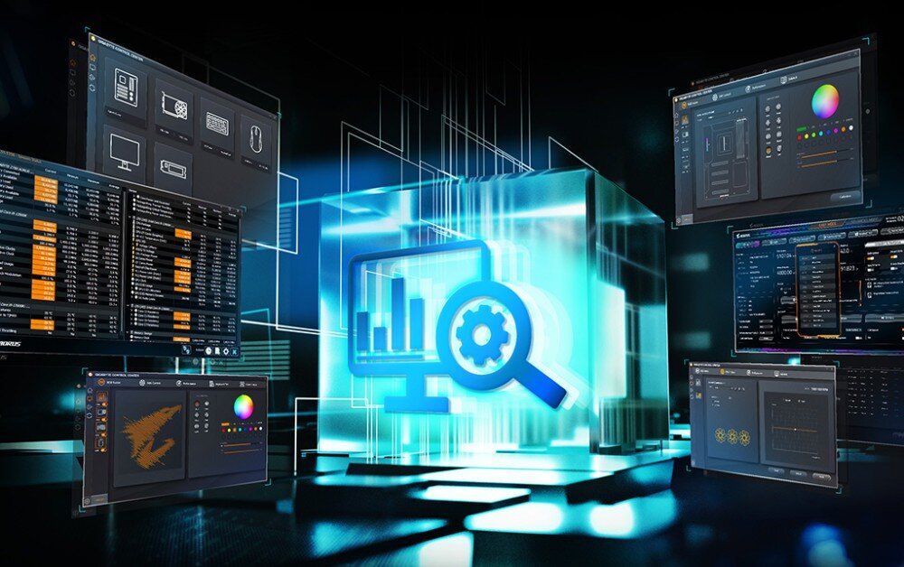 Płyta główna GIGABYTE Z890M Aorus Elite WiFi7 Ice Widok na unoszące się okna programów do zarządzania komputerem i ustawień systemu wokół centralnej świecącej kostki z ikoną monitora i koła zębatego