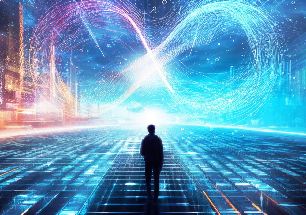 Płyta główna GIGABYTE Z890M Aorus Elite WiFi7 Ice Postać stojąca na cyfrowej drodze zwrócona w stronę wielkiego, świetlistego znaku nieskończoności w futurystycznej scenerii