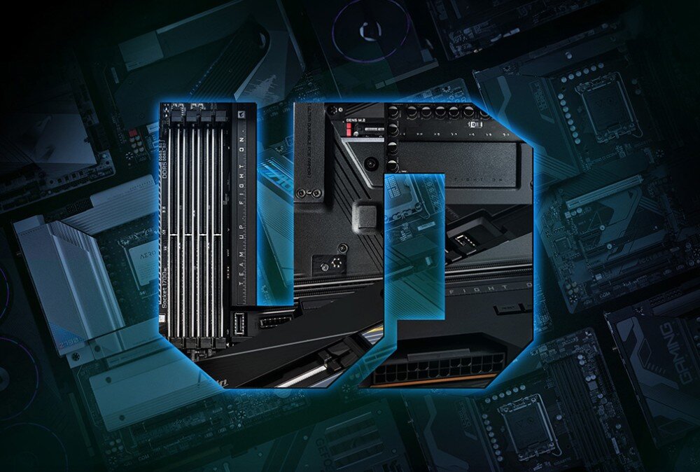 Płyta główna GIGABYTE Z890M Aorus Elite WiFi7 Ice Grafika przedstawiająca fragmenty płyty głównej takie jak gniazda pamięci i radiatory wkomponowane w geometryczny kształt z niebieską obwódką