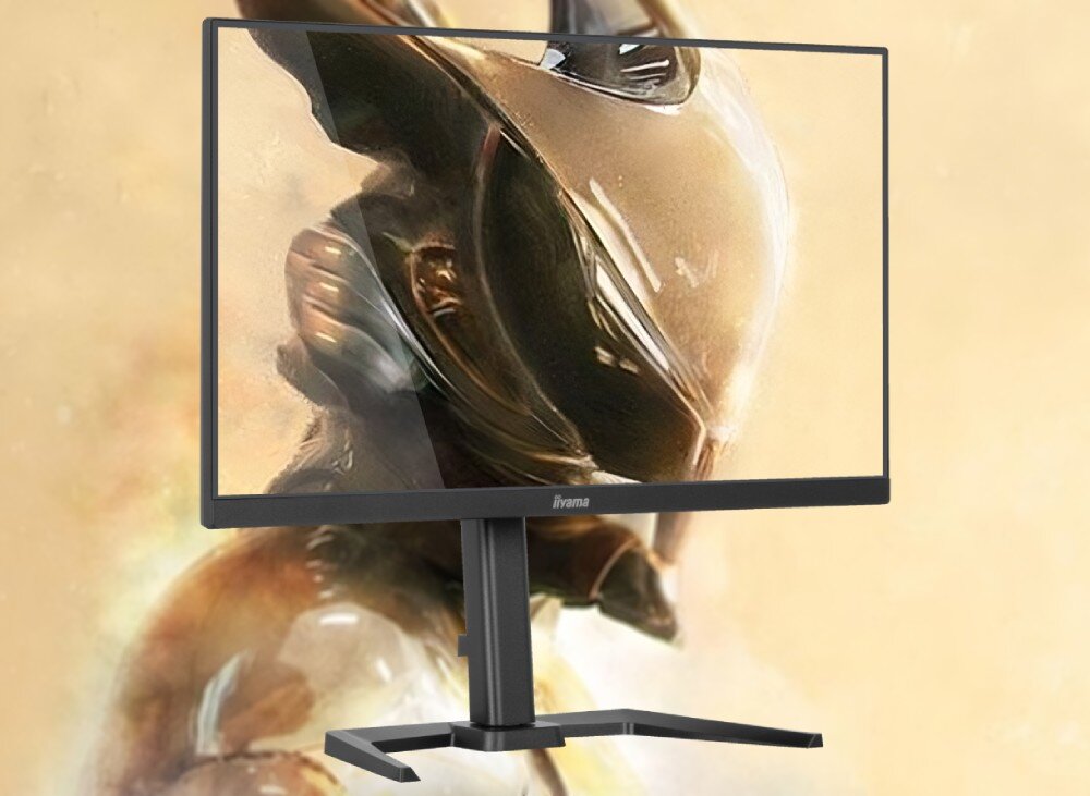 Monitor IIYAMA G-Master GB2795HSU-B1 27 1920x1080px 280Hz 0.2 ms [MPRT] monitor stojący przodem na tle z motywem G-Master wygląd opis