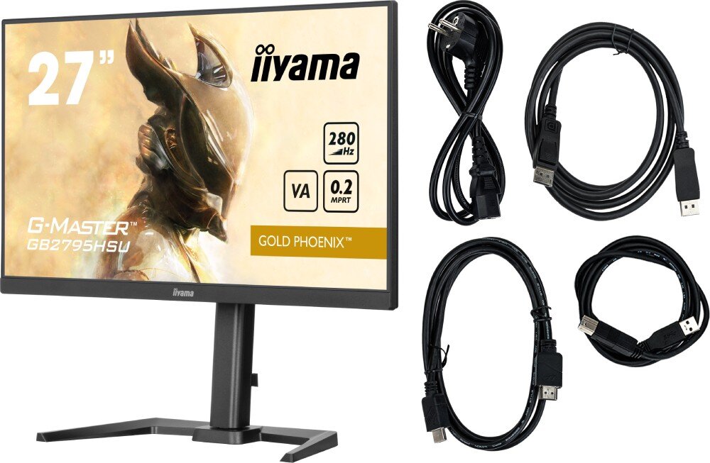 Monitor IIYAMA G-Master GB2795HSU-B1 27 1920x1080px 280Hz 0.2 ms [MPRT] monitor ustawiony przodem z przewodami dołączonymi do zestawu obok opakowanie zestaw