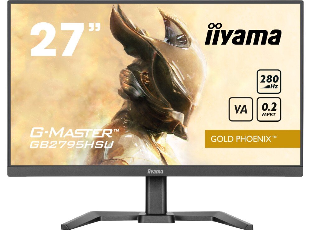 Monitor IIYAMA G-Master GB2795HSU-B1 27 1920x1080px 280Hz 0.2 ms [MPRT] monitor stojący na wprost z nazwą modelu i przekątną wyświetloną na ekranie rozdzielczość obraz jakość
